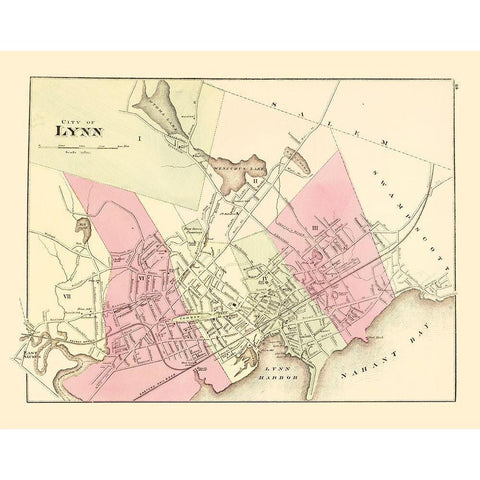 Lynn Massachusetts - Walling 1871 Gold Ornate Wood Framed Art Print with Double Matting by Walling