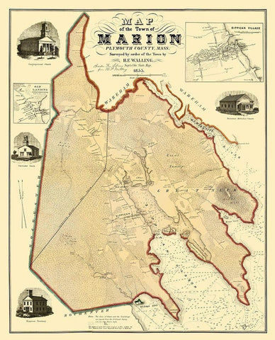 Marion Massachusetts - Walling 1855 Black Ornate Wood Framed Art Print with Double Matting by Walling