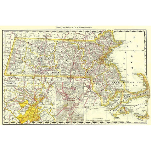 Massachusetts - Rand McNally 1879 Gold Ornate Wood Framed Art Print with Double Matting by Rand McNally