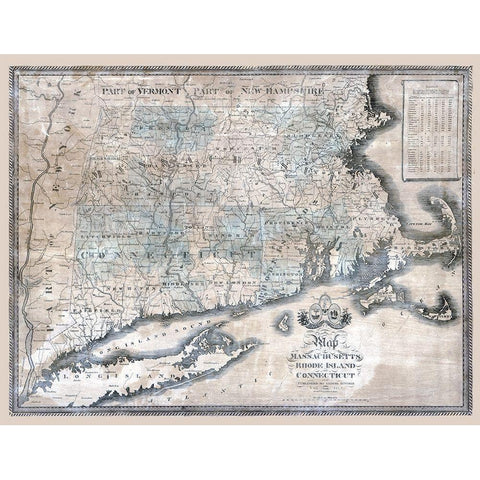 Massachusetts Rhode Island Connecticut - Bingham 1840  Gold Ornate Wood Framed Art Print with Double Matting by Bingham