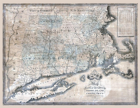 Massachusetts Rhode Island Connecticut - Bingham 1840  Black Ornate Wood Framed Art Print with Double Matting by Bingham