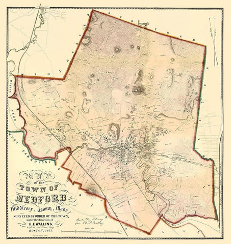 Medford Massachusetts Landowner - Walling 1855 White Modern Wood Framed Art Print with Double Matting by Walling