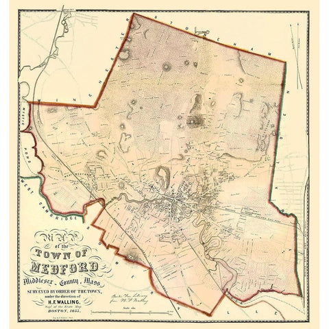 Medford Massachusetts Landowner - Walling 1855 Gold Ornate Wood Framed Art Print with Double Matting by Walling