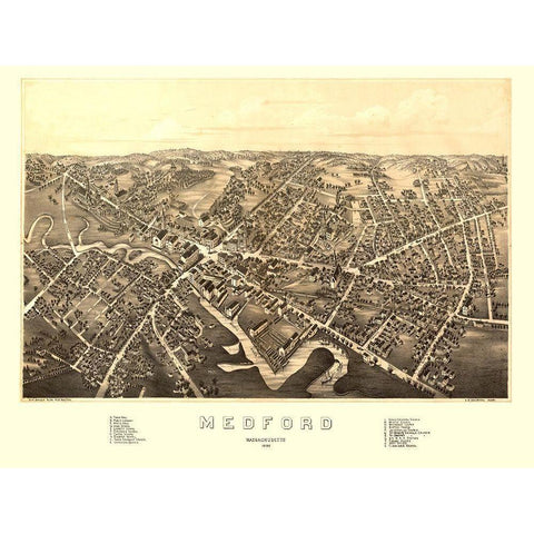 Medford Massachusetts - Bailey 1880  Gold Ornate Wood Framed Art Print with Double Matting by Bailey