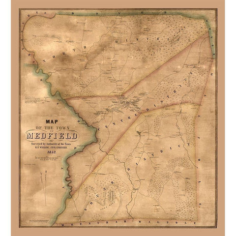 Medfield Massachusetts - Walling 1852  Gold Ornate Wood Framed Art Print with Double Matting by Walling