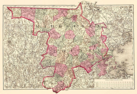 Middlesex Massachusetts - Walling 1871 Black Ornate Wood Framed Art Print with Double Matting by Walling