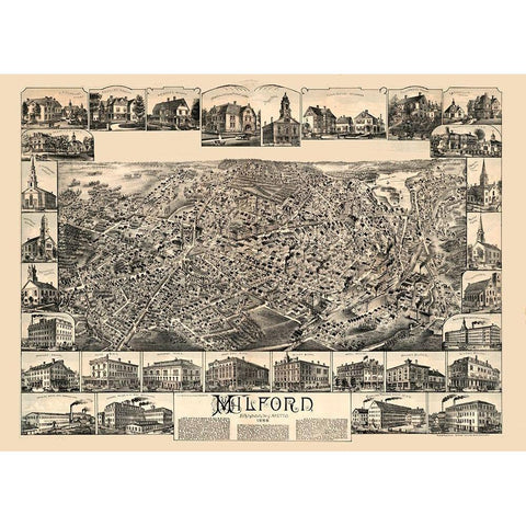 Milford Massachusetts - Bailey 1888  Gold Ornate Wood Framed Art Print with Double Matting by Bailey