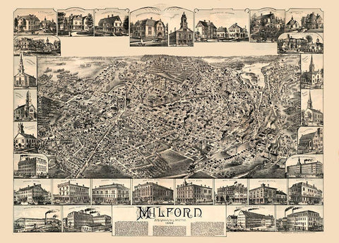 Milford Massachusetts - Bailey 1888  Black Ornate Wood Framed Art Print with Double Matting by Bailey