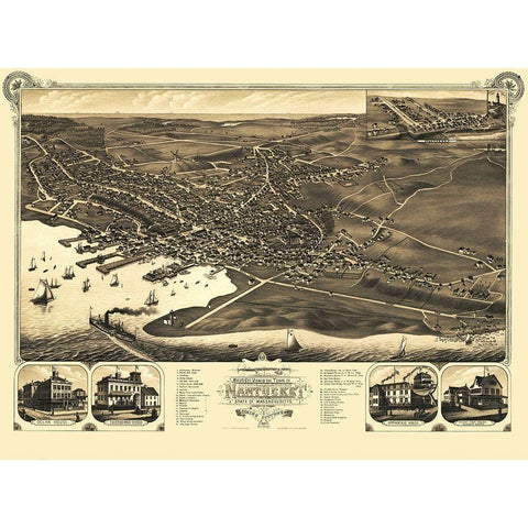 Nantucket Massachusetts - Stoner 1881 Gold Ornate Wood Framed Art Print with Double Matting by Stoner