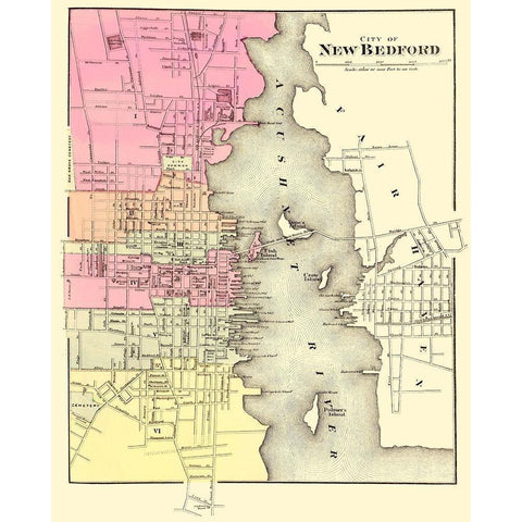 New Bedford Massachusetts - Walling 1871 Black Modern Wood Framed Art Print with Double Matting by Walling