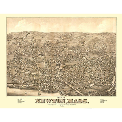 Newton Massachusetts - Bailey 1878  Gold Ornate Wood Framed Art Print with Double Matting by Bailey