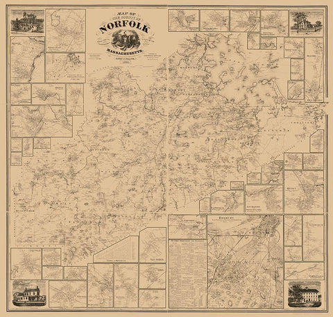 Norfolk County Massachusetts - Walling 1858 Black Ornate Wood Framed Art Print with Double Matting by Walling