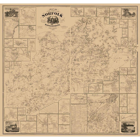 Norfolk County Massachusetts - Walling 1858 Gold Ornate Wood Framed Art Print with Double Matting by Walling