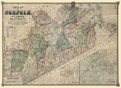 Norfolk County Massachusetts - Walling 1853 Black Ornate Wood Framed Art Print with Double Matting by Walling