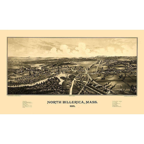 North Billerica Massachusetts - Burleigh 1887  Gold Ornate Wood Framed Art Print with Double Matting by Burleigh