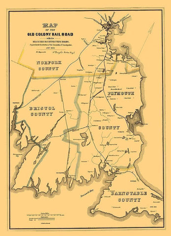 Old Colony Railroad - Bufford 1850 Black Ornate Wood Framed Art Print with Double Matting by Bufford