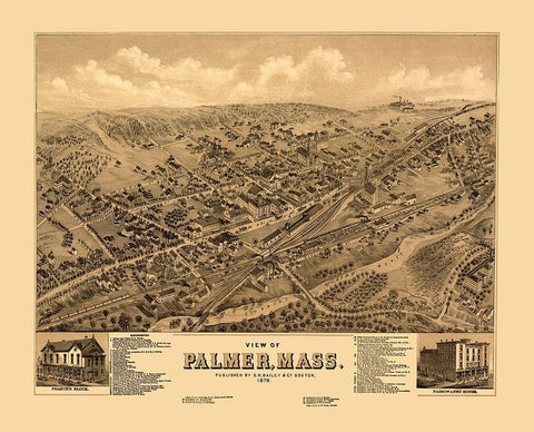 Palmer Massachusetts - Bailey 1879  Black Ornate Wood Framed Art Print with Double Matting by Bailey