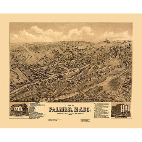 Palmer Massachusetts - Bailey 1879  Black Modern Wood Framed Art Print by Bailey