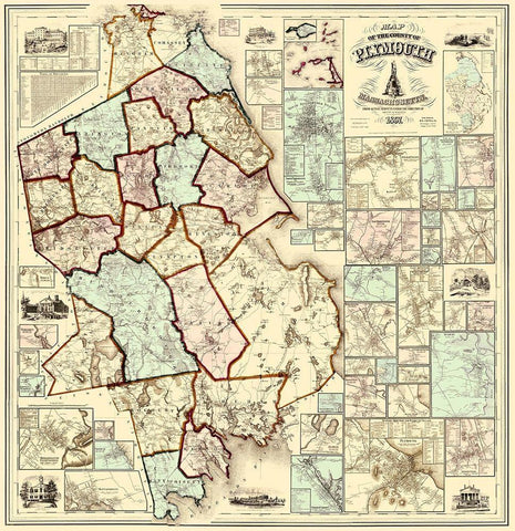 Plymouth Massachusetts - Walling 1857 Black Ornate Wood Framed Art Print with Double Matting by Walling