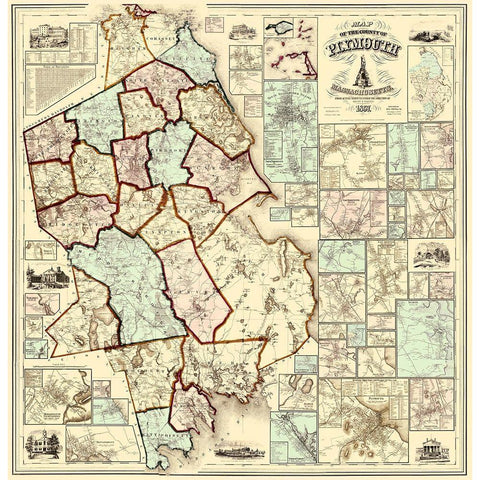 Plymouth Massachusetts - Walling 1857 Gold Ornate Wood Framed Art Print with Double Matting by Walling