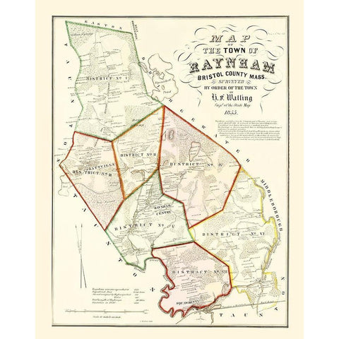 Raynham Massachusetts - Walling 1855 Gold Ornate Wood Framed Art Print with Double Matting by Walling