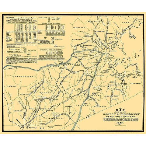 Boston and Woonsocket Railroad - Bouve 1847 Gold Ornate Wood Framed Art Print with Double Matting by Bouve