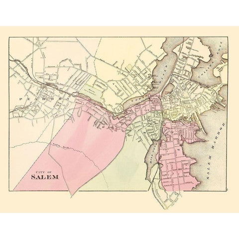 Salem Massachusetts - Walling 1871 Black Modern Wood Framed Art Print with Double Matting by Walling