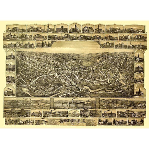 Southbridge Massachusetts - Bailey 1892  Gold Ornate Wood Framed Art Print with Double Matting by Bailey