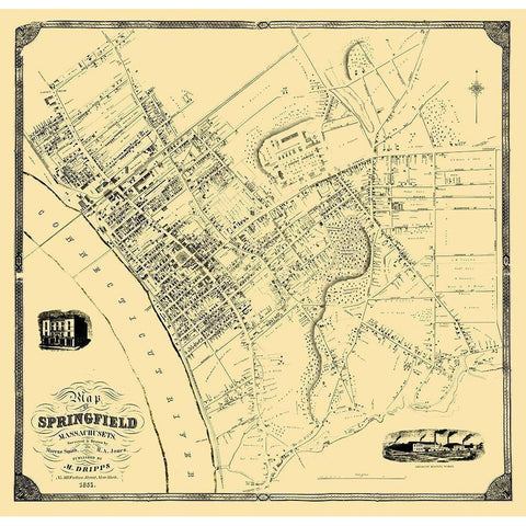 Springfield Massachusetts Landowner - Dripps 1851 Gold Ornate Wood Framed Art Print with Double Matting by Dripps