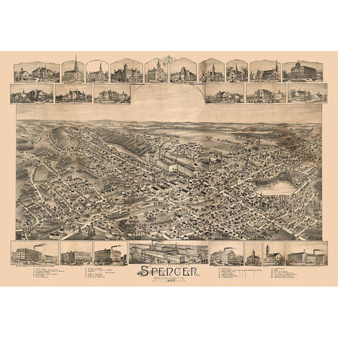 Spencer Massachusetts -1892 Black Modern Wood Framed Art Print with Double Matting by Unknown