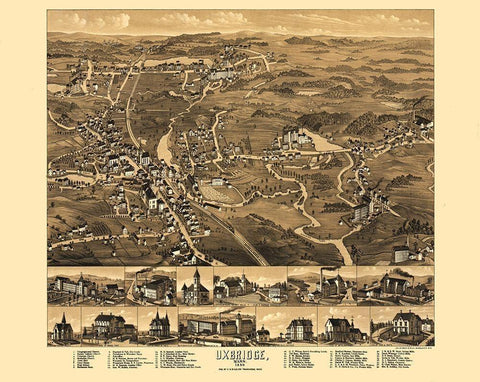 Uxbridge Massachusetts - Bigelow 1880  White Modern Wood Framed Art Print with Double Matting by Bigelow