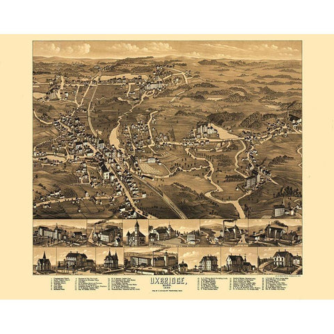 Uxbridge Massachusetts - Bigelow 1880  Black Modern Wood Framed Art Print by Bigelow