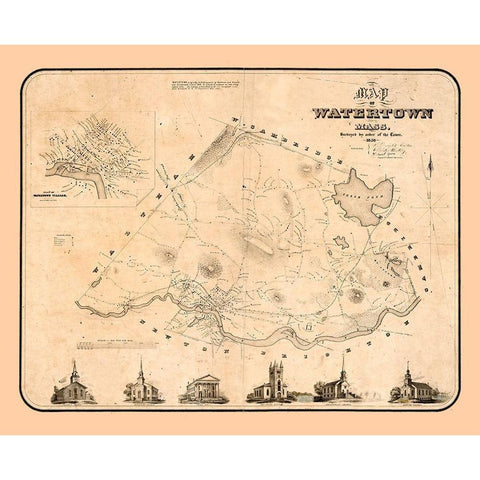 Watertown Massachusetts - Whiting 1850 Gold Ornate Wood Framed Art Print with Double Matting by Whiting