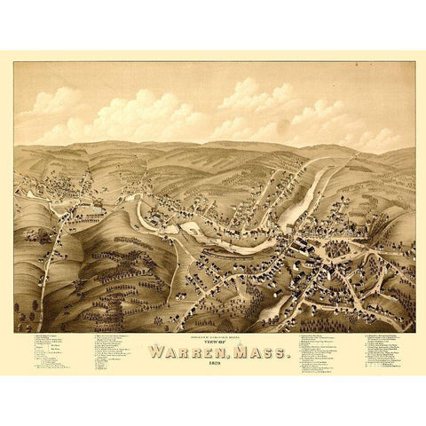Warren Massachusetts - Bailey 1879  Gold Ornate Wood Framed Art Print with Double Matting by Bailey