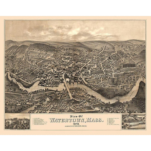 Watertown Massachusetts - Bailey 1879  Black Modern Wood Framed Art Print by Bailey