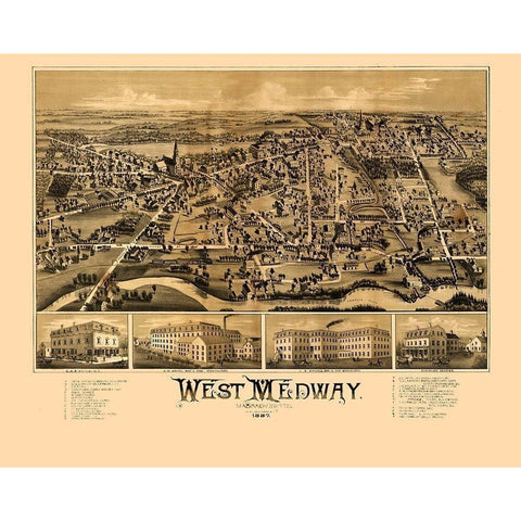 West Medway Massachusetts -1887 Gold Ornate Wood Framed Art Print with Double Matting by Unknown