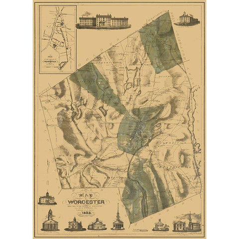 Worcester County Massachusetts - Stebbins 1833 Gold Ornate Wood Framed Art Print with Double Matting by Stebbins