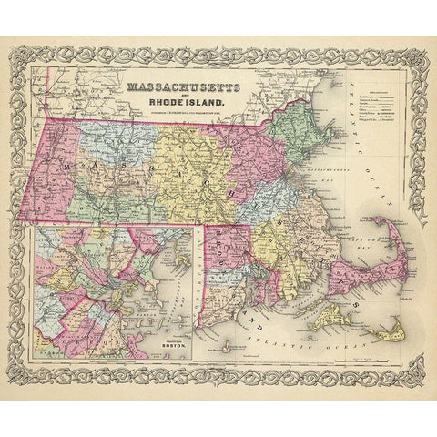 Massachusetts - Colton 1856 Gold Ornate Wood Framed Art Print with Double Matting by Colton