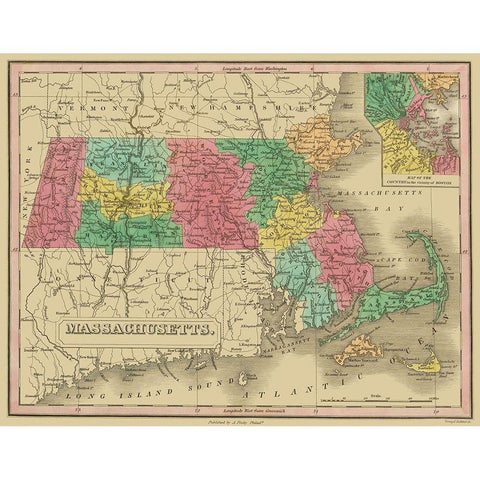 Massachusetts - Finley 1831 Black Modern Wood Framed Art Print with Double Matting by Finley