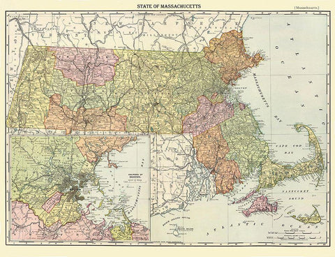 Massachusetts - Rand McNally 1890 Black Ornate Wood Framed Art Print with Double Matting by Rand McNally