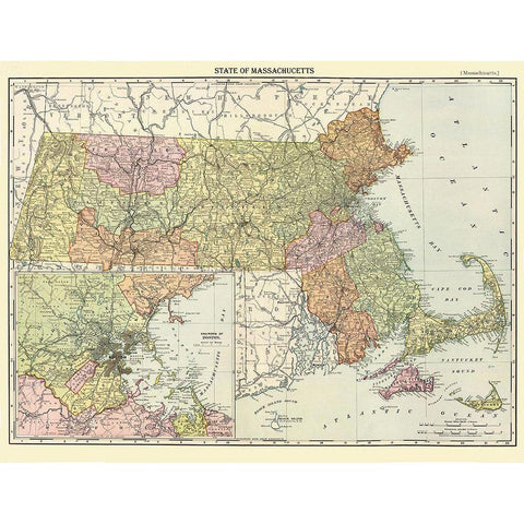 Massachusetts - Rand McNally 1890 Black Modern Wood Framed Art Print by Rand McNally