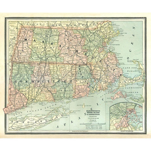 Massachusetts, Connecticut, Rhode Island Gold Ornate Wood Framed Art Print with Double Matting by Cram