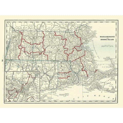 Massachusetts, Rhode Island - Rathbun 1893 Gold Ornate Wood Framed Art Print with Double Matting by Rathbun