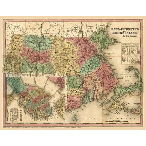 Massachusetts Rhode Island - Tanner 1833  Gold Ornate Wood Framed Art Print with Double Matting by Tanner