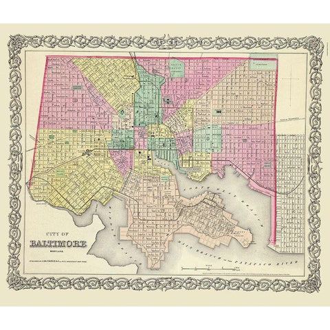 Baltimore Maryland - Colton 1856 Black Modern Wood Framed Art Print with Double Matting by Colton