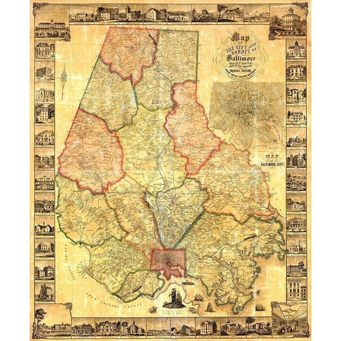 Baltimore Maryland Landowner - Taylor 1857 Gold Ornate Wood Framed Art Print with Double Matting by Taylor