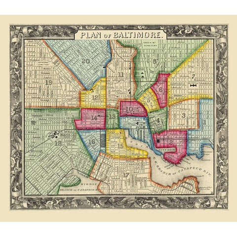 Baltimore Maryland - Mitchell 1867 Gold Ornate Wood Framed Art Print with Double Matting by Mitchell