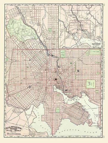 Baltimore Maryland - Rand McNally 1897 Black Ornate Wood Framed Art Print with Double Matting by Rand McNally