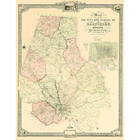 Baltimore Maryland - Sidney 1850 Gold Ornate Wood Framed Art Print with Double Matting by Sidney