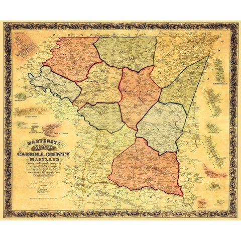 Carroll Maryland Landowner - Martenet 1862 Black Modern Wood Framed Art Print with Double Matting by Martenet